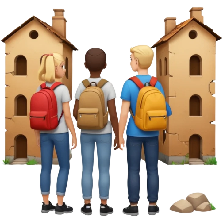 three friends from behind, exploring an abandoned place, Apple emoji style emoji