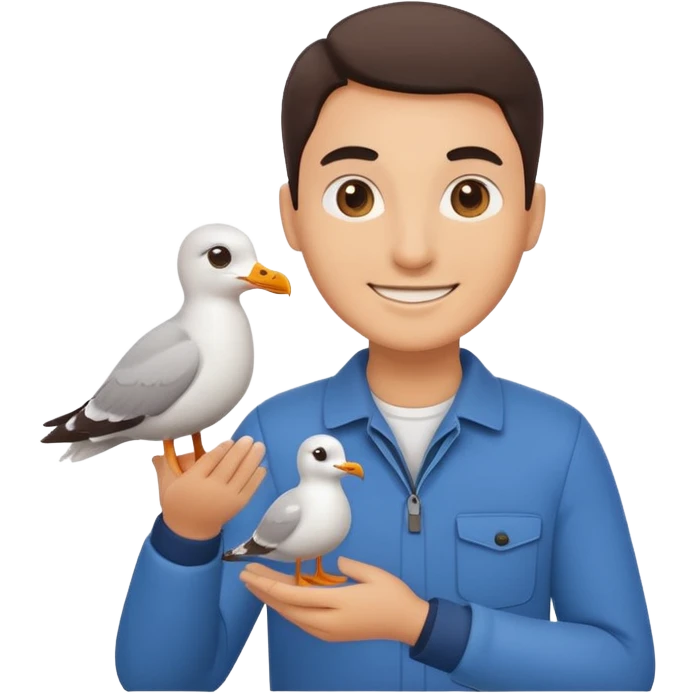 Minimalist emoji-style illustration of a smiling photographer holding a seagull in their hands. Simplified, clean lines, vibrant colors, small size, white background emoji