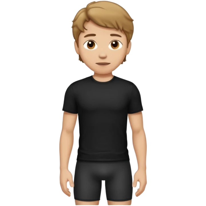 Man. He has short wavy light-brown hair and wearing a black t-shirt, and a visible bulge on the groin area molding his testicles. emoji