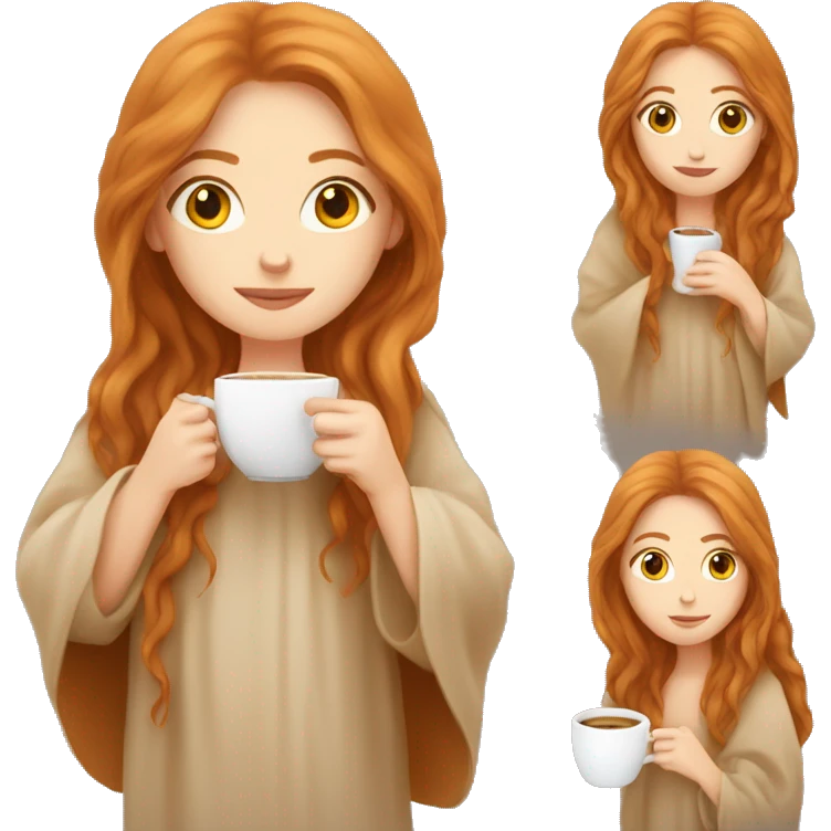 A pretty white girl with very long ginger hair  in a beige blanket sipping coffee emoji