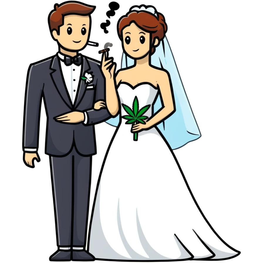A bride in white wedding dress and groom in tuxedo, full body, smoking cannabis together, wedding couple emoji