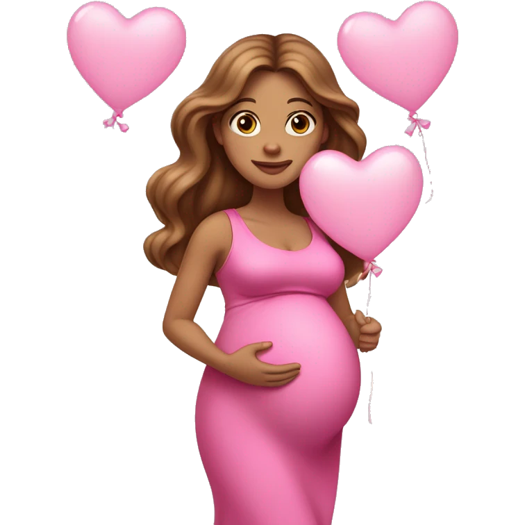 Brown pregnant lady, with Long Light Brown hair and blue eyes. She is wearing a tight pink dress and a bow,  standing and holding two pink heart balloons. emoji