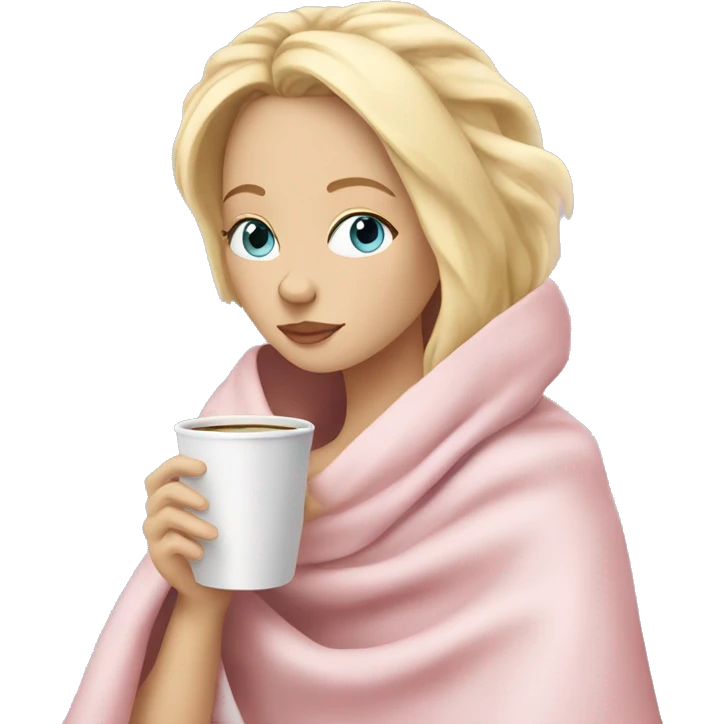 Blonde girl inside a light pink blancket sipping coffee eyes closed white skin blue eyes  emoji
