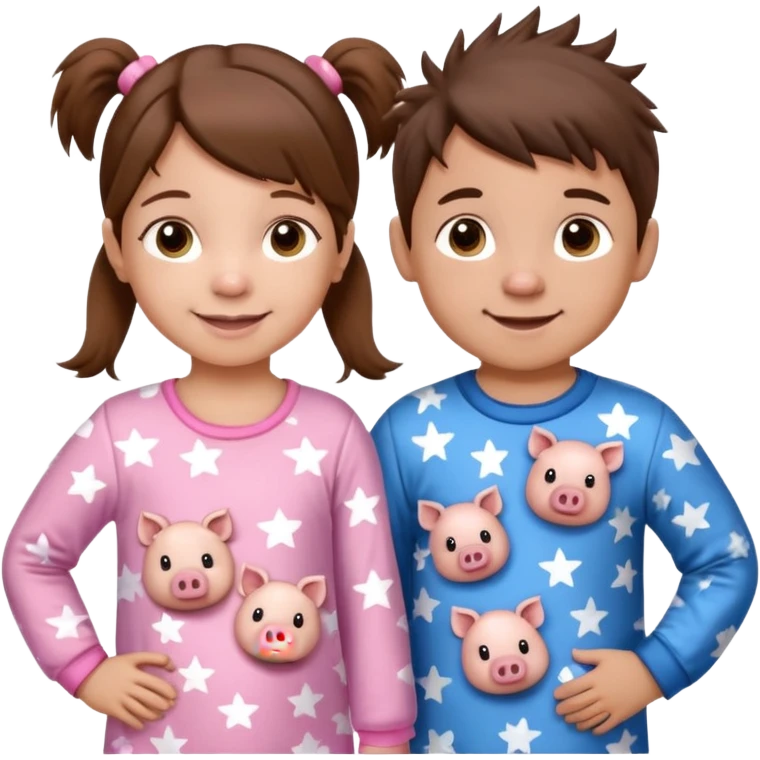 A toddler girl with brown hair with two pig tails, wearing pink pajamas with white stars on them. With a 4 year old boy with spikey brown hair, wearing blue pajamas with white stars on them. Both light skin and smiling. Both with a mix of big and small white stars on the pajamas  emoji