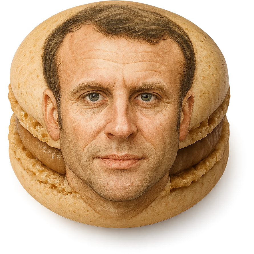 realistic macaron pastry with the shell resembling Emmanuel Macron's face, subtle details emoji