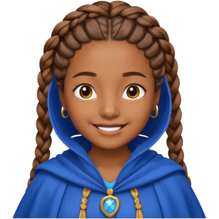 brown skin girl with braided hair, wearing blue cloak, smile emoji