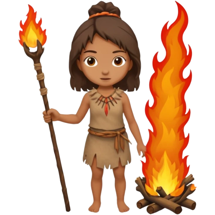 ancient girl, tattered animal skin cloth, hold fire stick emoji