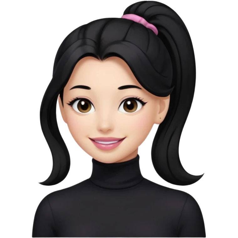 a woman with long sleeve turtle neck top and smile, her hair is long black pony tail, her eyes color are black and the color of her lip is soft pink emoji