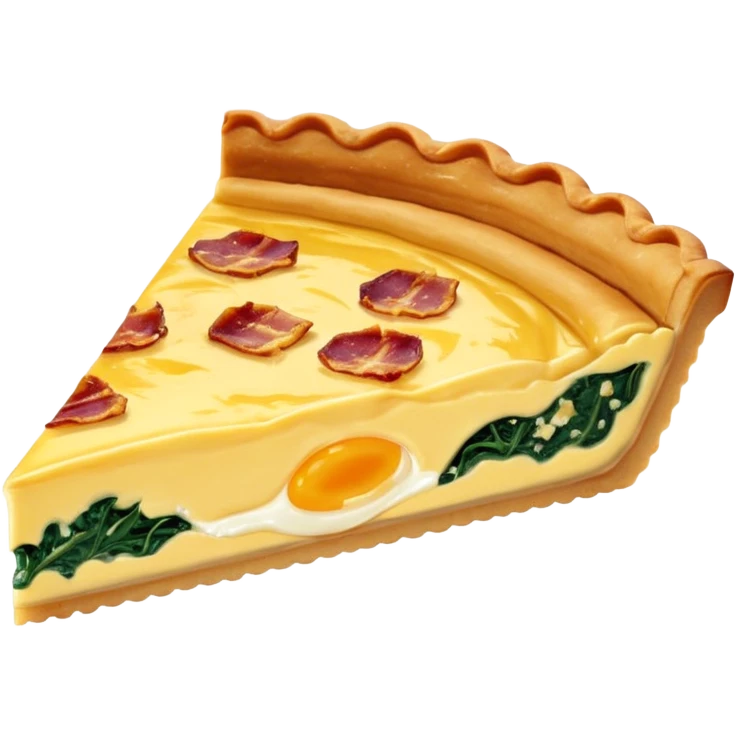 single slice of golden-brown quiche with visible flaky crust, creamy egg filling, toppings like bacon bits, cheese, or spinach, surface lightly puffed and glossy, slightly browned edges, smooth custardy texture inside, soft lighting, subtle shadows, emoji scale emoji