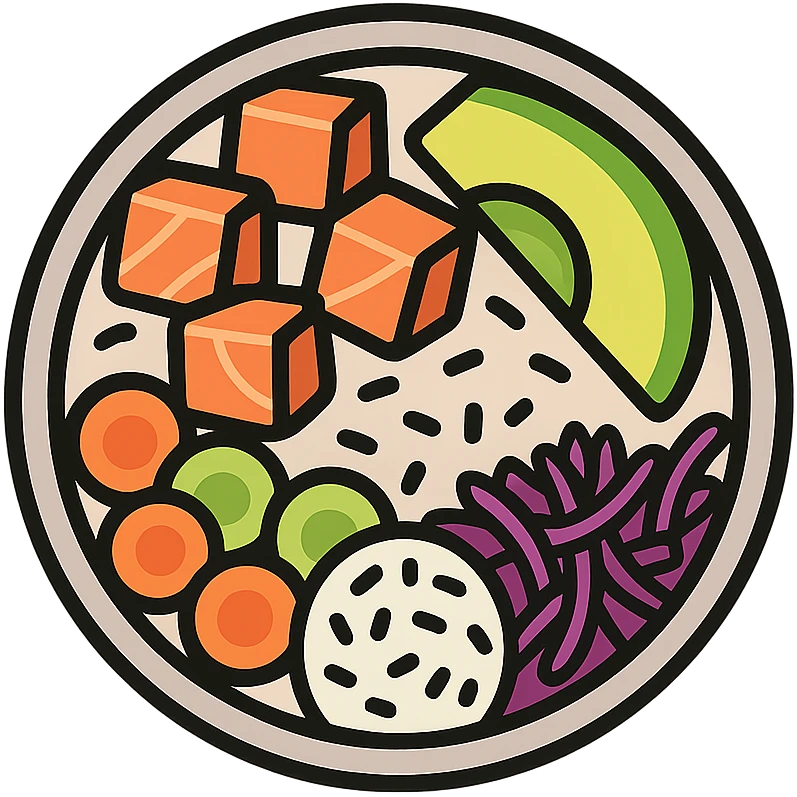 top-down view of salmon poke bowl with fresh salmon cubes, avocado, rice, colorful vegetables, appetizing, minimal background, icon style emoji