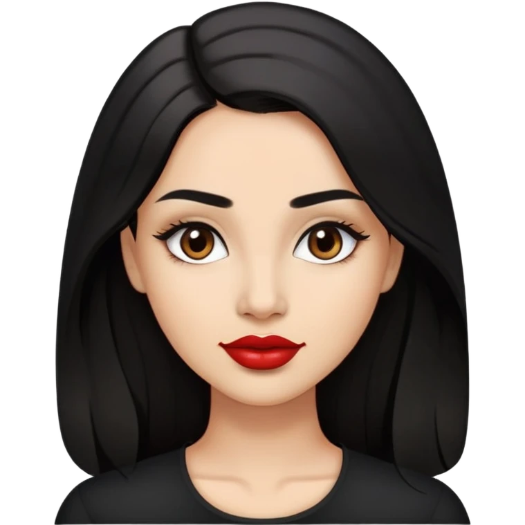Confident young woman with oval face, elegant features, dark brown eyes, arched eyebrows, red lipstick, light brown skin, long black hair, wearing a black top emoji