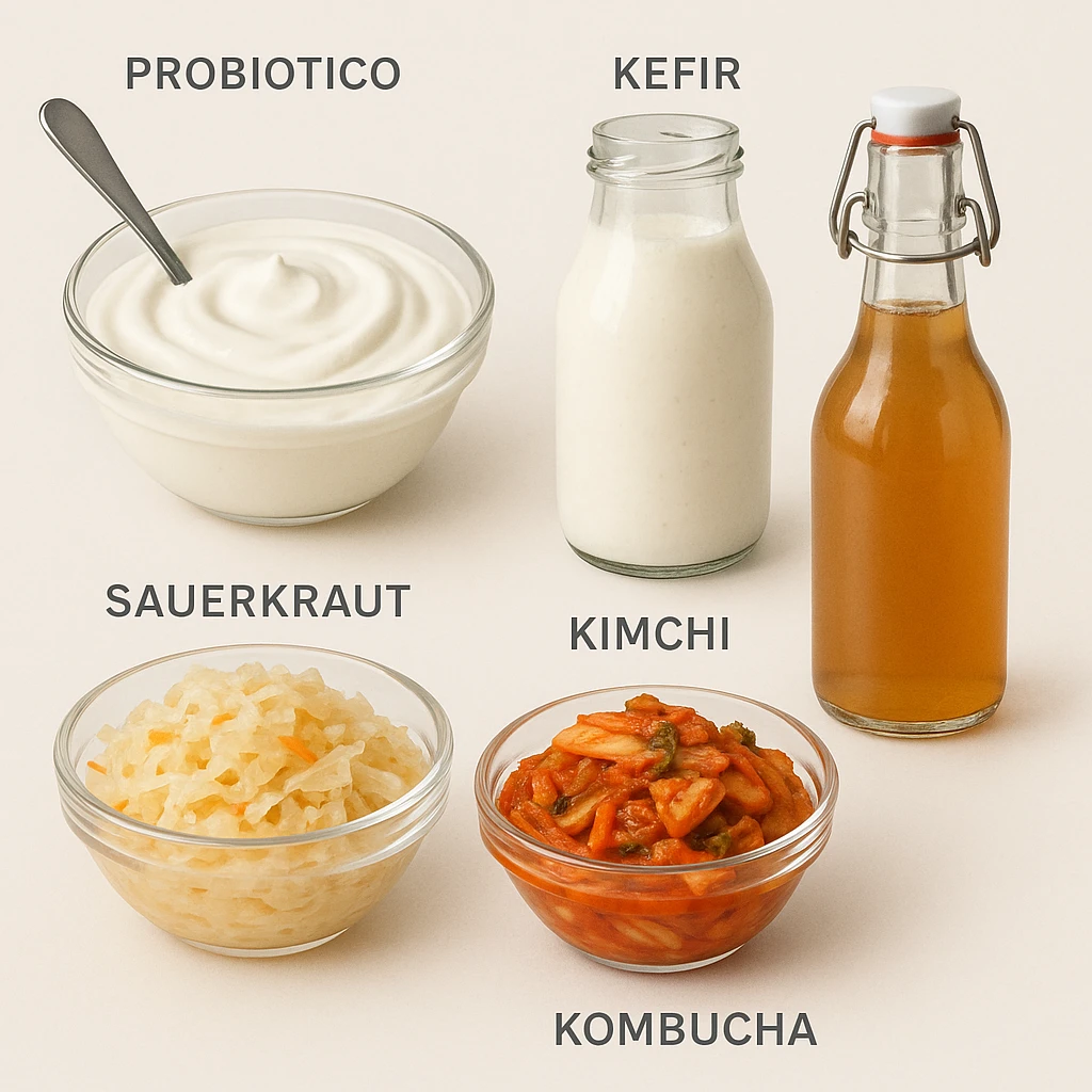 realistic and informative illustration showing only probiotic foods on a light background, examples: yogurt, kefir, sauerkraut, kimchi, kombucha, each food labeled in Italian as 'Probiotico', clean and modern style emoji