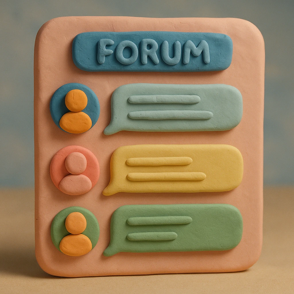 online forum with soft shapes, pastel colors, chat bubbles in claymation style emoji