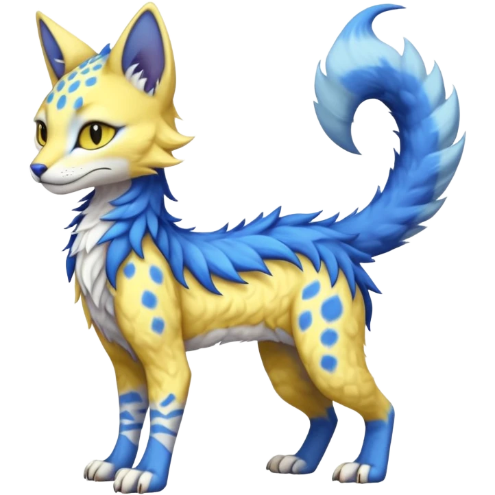 Kawaii yellow and blue beautiful pretty elegant divine edgy fantasy feline-vernid-sergal-fursona animal creature with a tufted tail full body with intricate markings  emoji