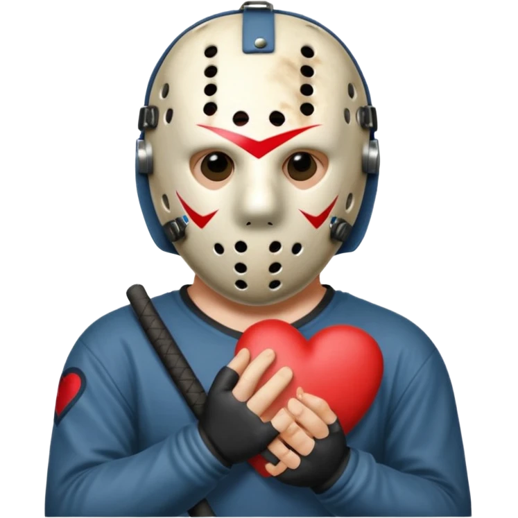 a cartoon image of Jason Voorhees, looking cute, with his hands clasped in front of him, at a sideways angle, looks like he is in love emoji