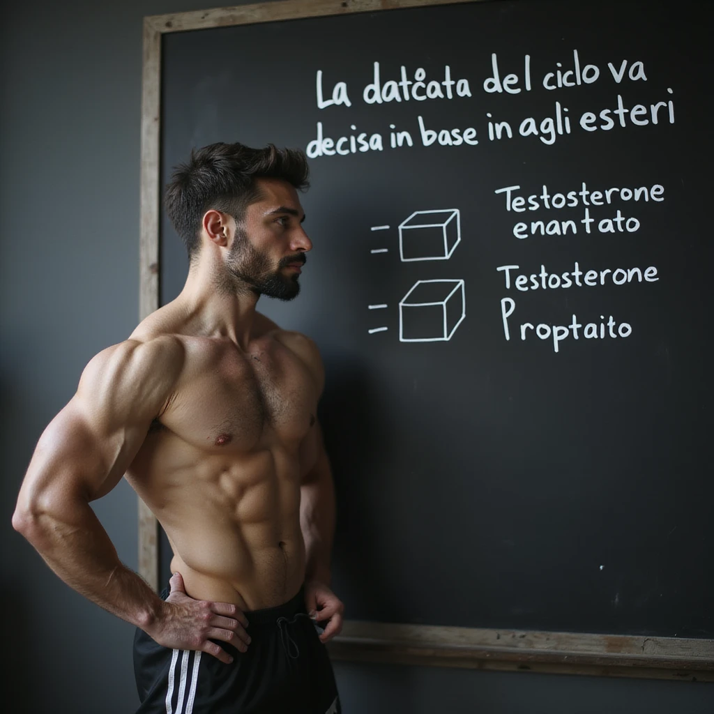 realistic young muscular bodybuilder in sportswear looking at a blackboard with Italian text 'La durata del ciclo va decisa in base agli esteri', boxes labeled 'Testosterone enantato' and 'Testosterone propionato' next to him, attentive expression, learning atmosphere, gym background, 4K quality emoji
