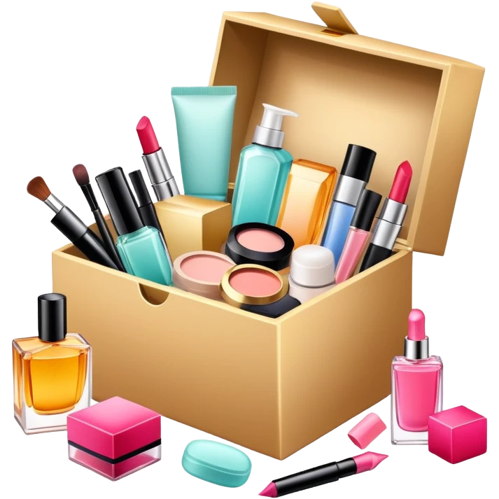 an opened box with various beauty items spilling out, including makeup, skincare, and perfume emoji
