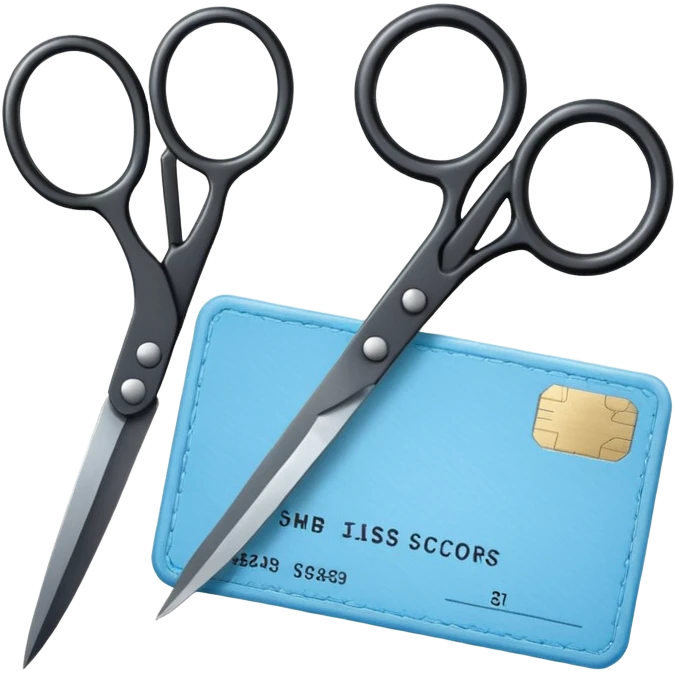 Floating black Scissors cutting a light blue military ID card in 2 parts .hyper realistic emoji