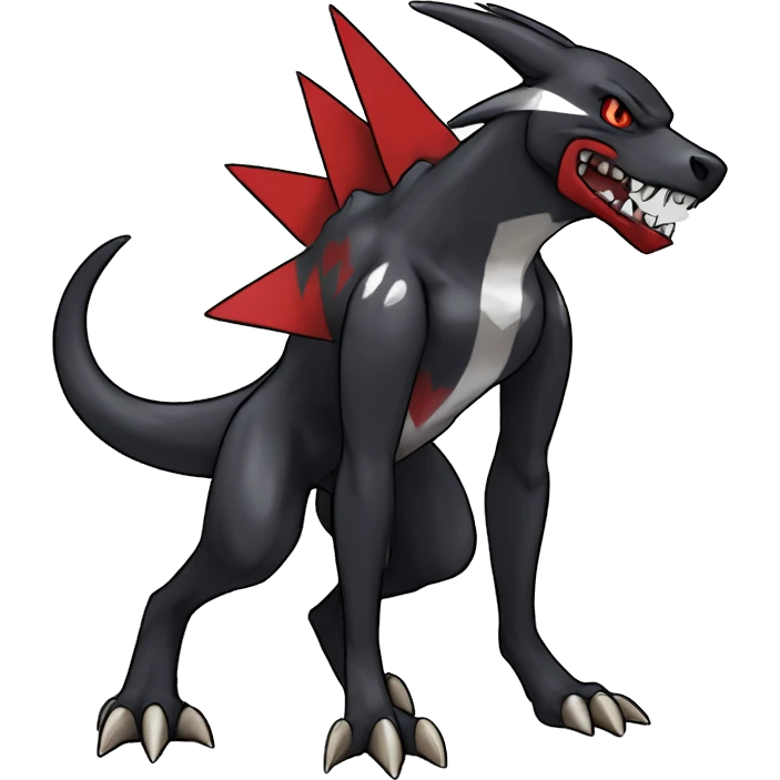 Black Cool Edgy Nargacuga-Houndoom-Garchomp Fakémon Digimon with Red and white Edgy markings, full body, outlined, sharp line Art emoji