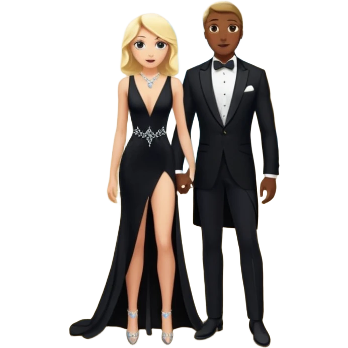 Blonde woman, black, Long, tight, sleveless Dress, Slot left Leg, man, black Hair, in Dinner jacket, Background ballroom emoji