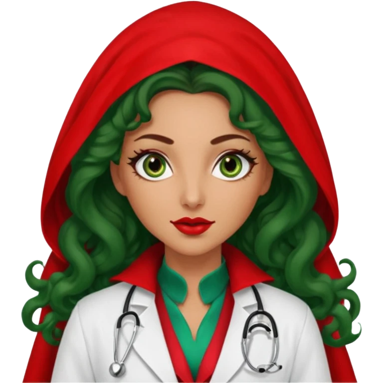 Spanish sexy evil woman. She has green eyes.  had brown long curly hair.  evil surgeon kills with needle wears red sexy doctor coat with red Juliet veil on her mouth and nose ONLY to hide and wearing red gloves. Hair is free and flowing long  emoji
