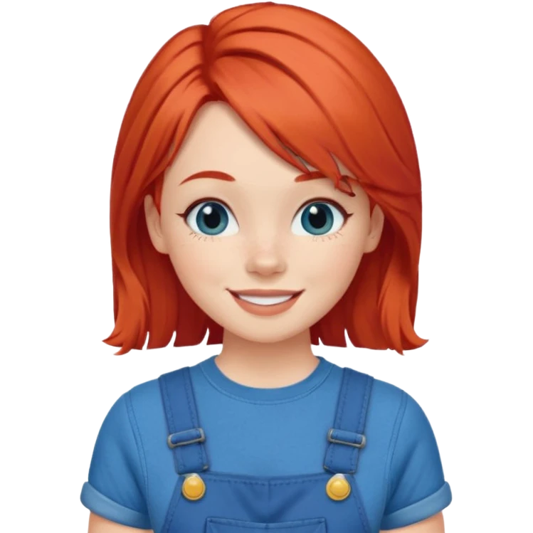 redheaded girl with blue hair, 1960s hairstyle, blue overalls, no text, winking emoji