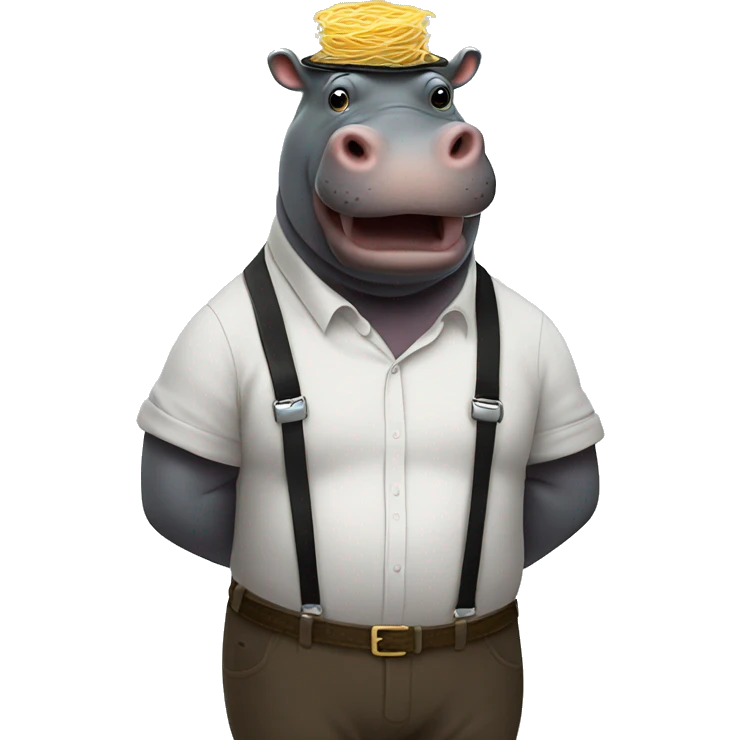 Hippo in suspenders with noodles on his back emoji