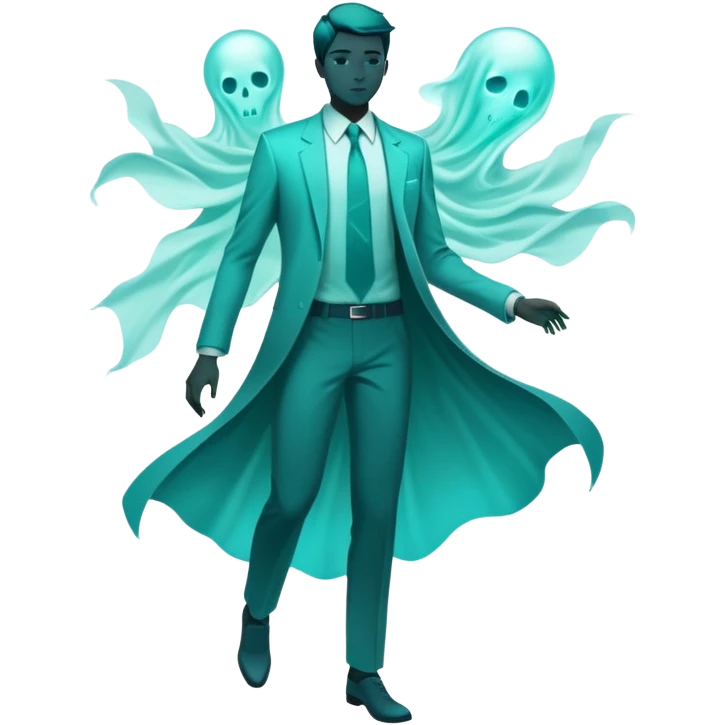 Teal colored ethereal energy forming male silhouette with ghostly floating wardrobe elements like tie, shirt and watch surrounding it, abstract style essence emoji