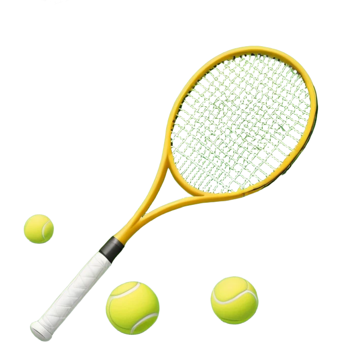 A tennis racket and ball positioned on a grass court, with the net and lines clearly visible in the background. The scene emphasizes the classic elements of the sport, capturing the energy and precision of a tennis match. emoji