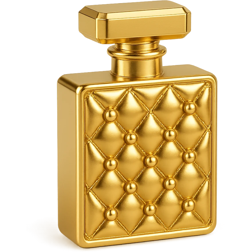 Chanel-inspired perfume bottle, metallic gold, quilted pattern, pearls, sophisticated and glamorous emoji