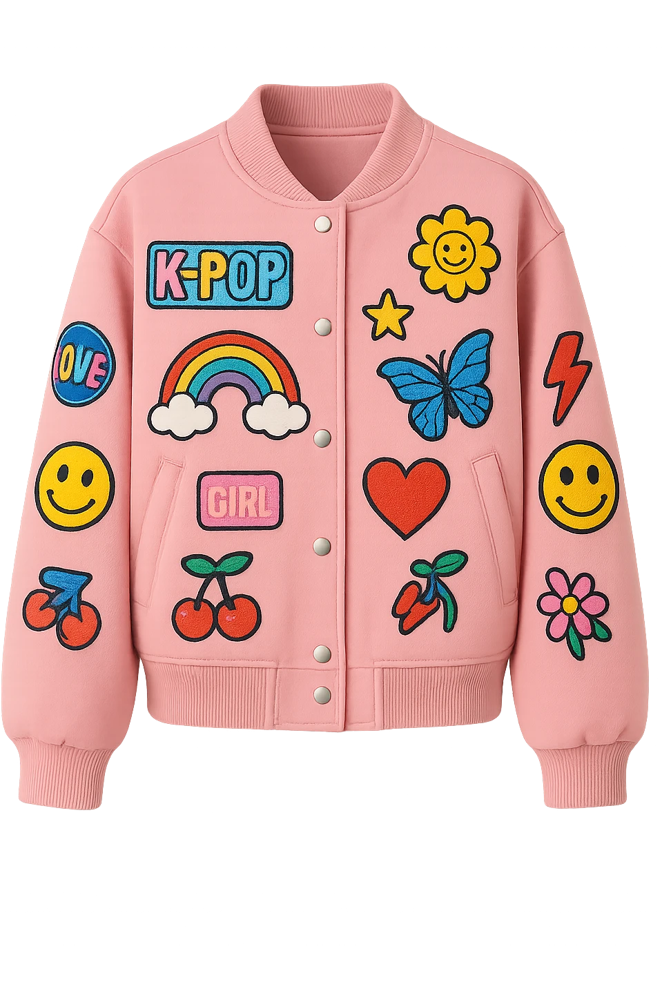 pink kpop idol jacket with patches, stylish emoji