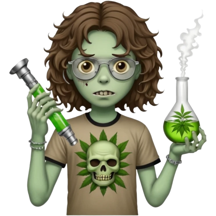 brown wavy haired zombie getting stoned with weed t shirt and bong on his hand and wearing black chrome hearts bifocals emoji