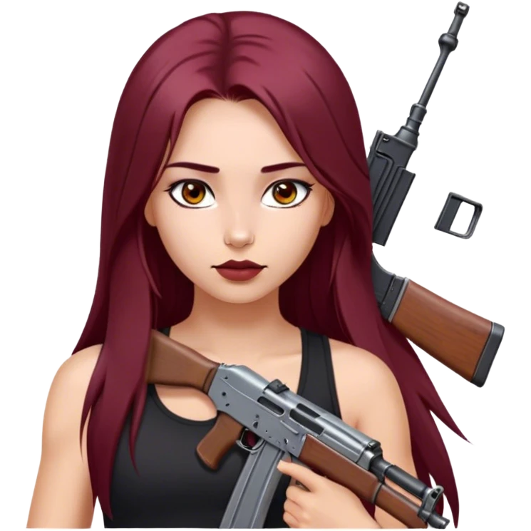 emoji of girl with an ak47 in hand with a black tank top gorgeous girl y2k with maroon dark long hair in a middle part with straight nose hazel eyes medium perfect eye brows with  a nose ring silver on the right nostril  emoji