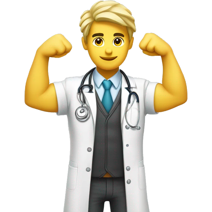 young male doctor flexing his bicep, yellow skin, using 2 colors: #ff9800 and #32b5a5 emoji