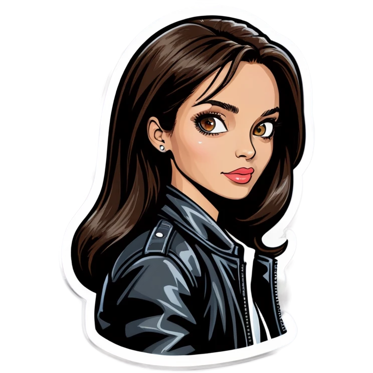 Jolie brune blouson de cuir noir t-shirt blanc fond noir emoji