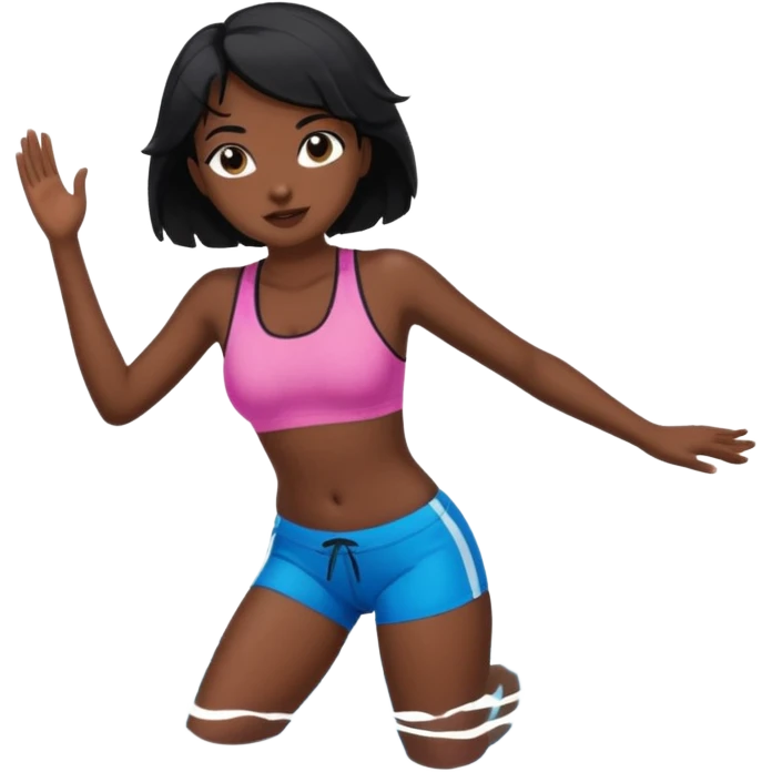 A girl swimming in Goan ocean. Girl should have black hair, clothes should be shorts and tank top or sports bra because she is indian emoji