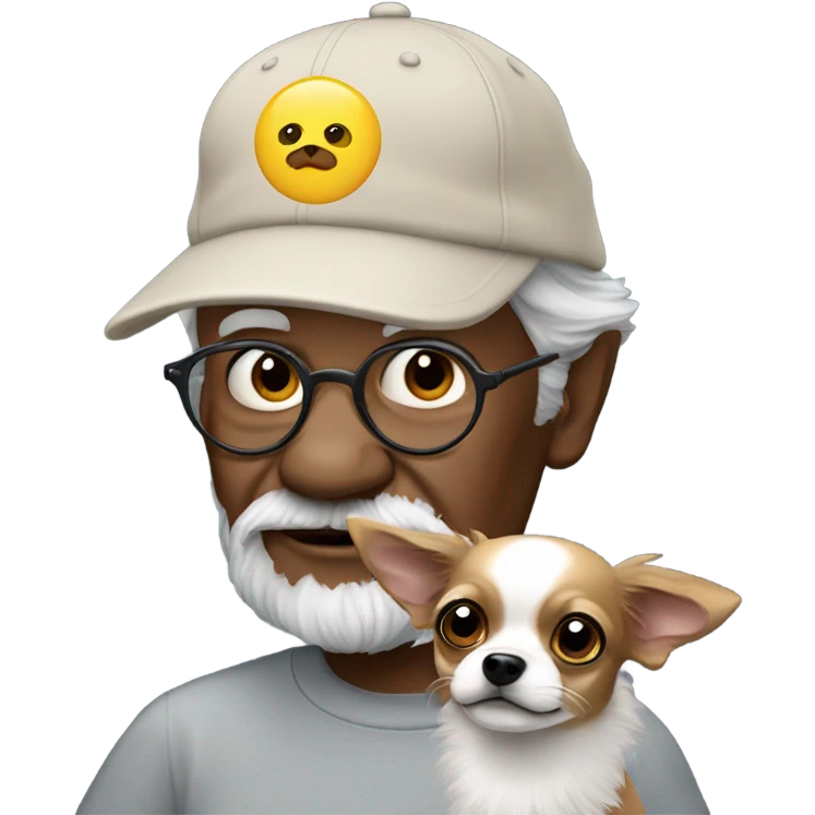 Old man in ball cap holding black long haired chihuahua  emoji