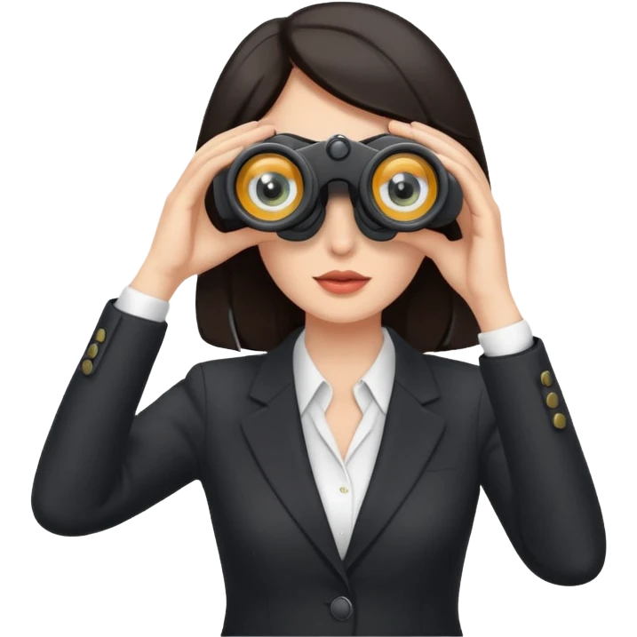 a white woman with dark hair in a business attire looking into binoculars emoji