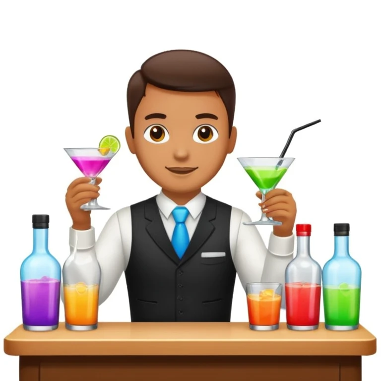 bartender mixing drinks, club backgroudn with bottles emoji