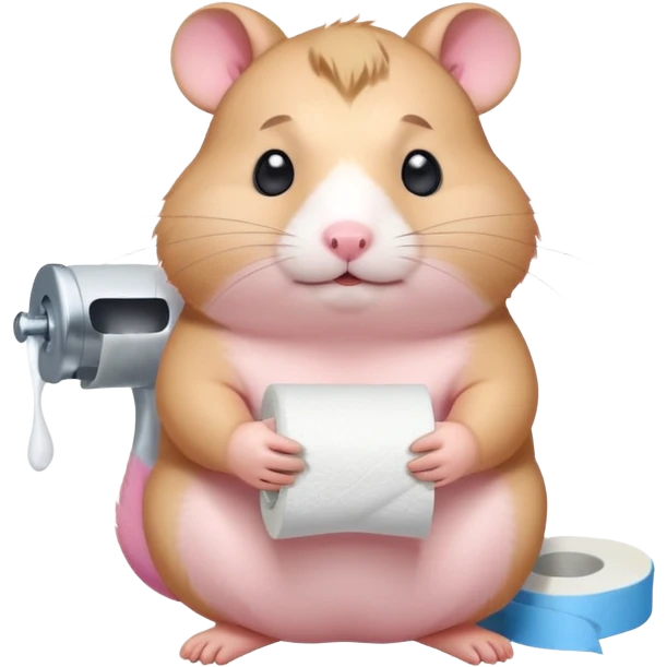 Cute chubby cartoon-style hamster sitting on toilet holding toilet paper looking as if he had an accident, sticker-style illustration emoji