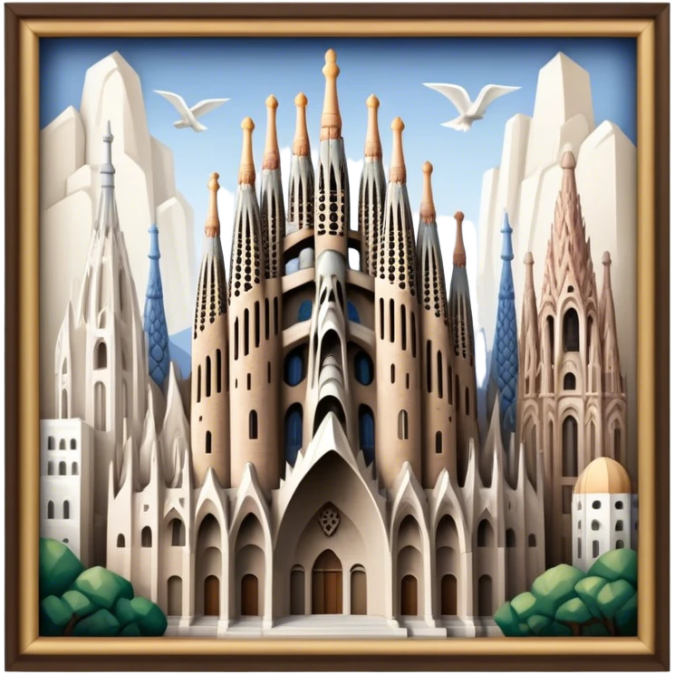 Cinematic Realistic Sagrada Fam√≠lia Landmark Emoji, depicted with the intricate, soaring architecture of the basilica rendered with detailed textures and dramatic, ethereal lighting. emoji