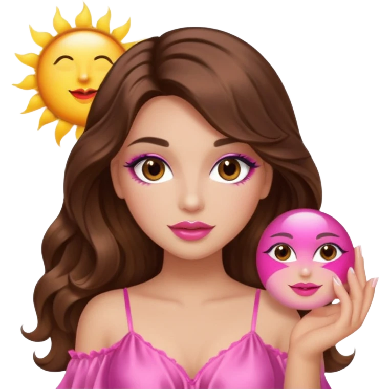girl with long wavy brown hair, brown eyes, long lashes makeup, sexy pink lips, light to medium complexion, wearing a pink sexy silk top, holding the sun icon  emoji