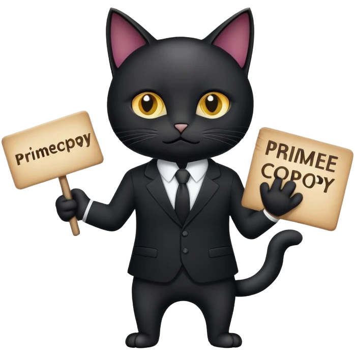 Black Cat in a black business suit holding a sign that says "PrimeCopy" emoji
