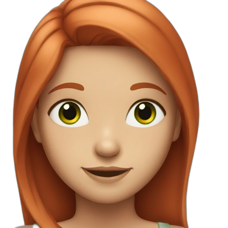a girl with green eyes and red hair smiles broadly emoji