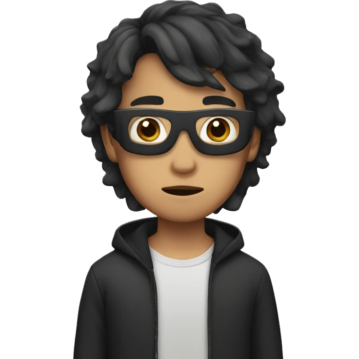 Asian boy with block hair and mask emoji