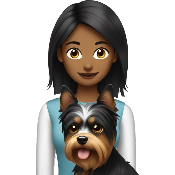 black hair girl with a yorkshire terrier in front of her emoji