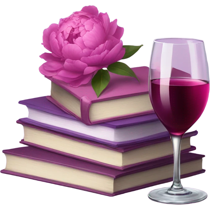 A violet  stack of books with deep pink peonies and a glass of pink wine emoji