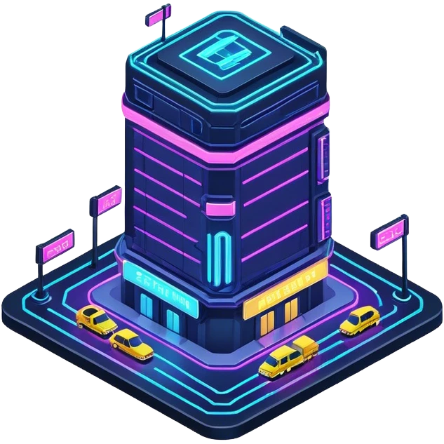 neon, cyberpunk, isometric flying building emoji