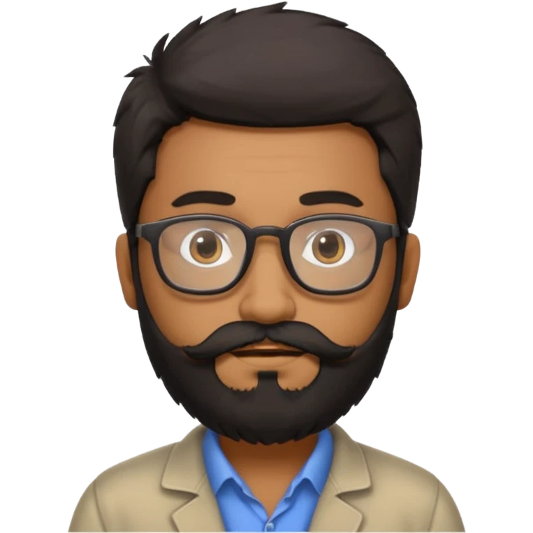 Indian software developer with beards and specs, with few white hairs in mostly black beard and hair. Hair fluffy and back brushed. Mustache and beard not neatly done emoji