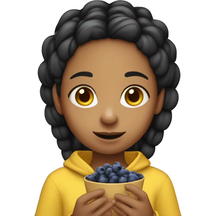 Girl wearing yellow hoodie with black hair braids eating blueberries. She is not black or white she is south Asian so light brown emoji